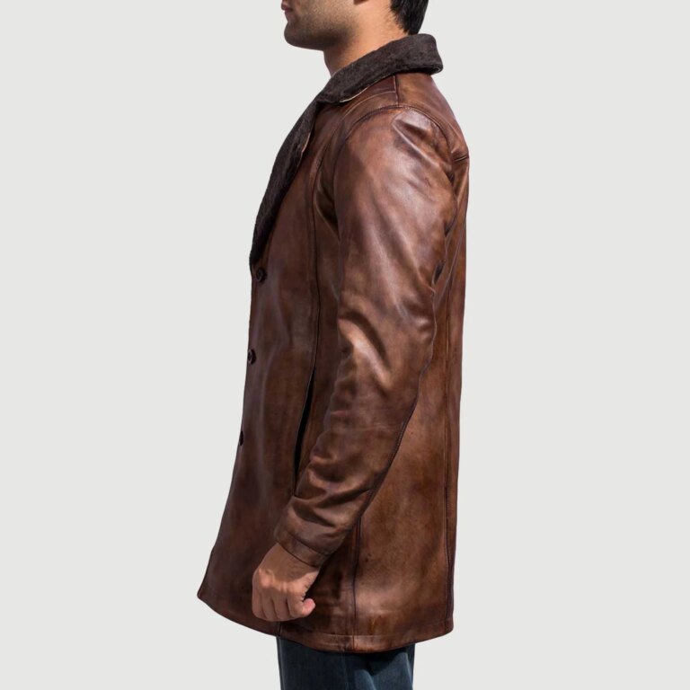 Mens Cinnamon Distressed Leather Fur Coat Side Pose-3-1718119828269